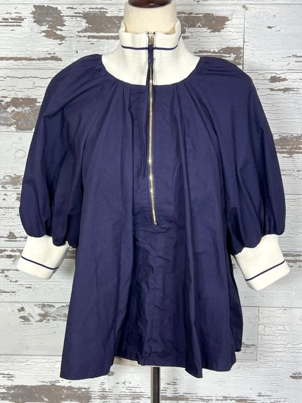 ANTHROPOLOGIE MAEVE Half-Zip Puff-Sleeve Sporty Henley Blouse Navy Sz M NWOT